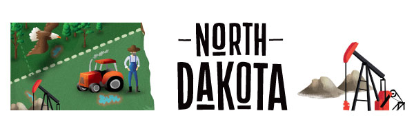 An illustration of North Dakota featuring an oil driller and tractor.
