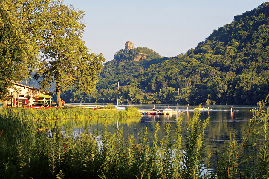 The limestone bluff known as Sugar Loaf overlooks the waterfront city of Winona, Minnesota.