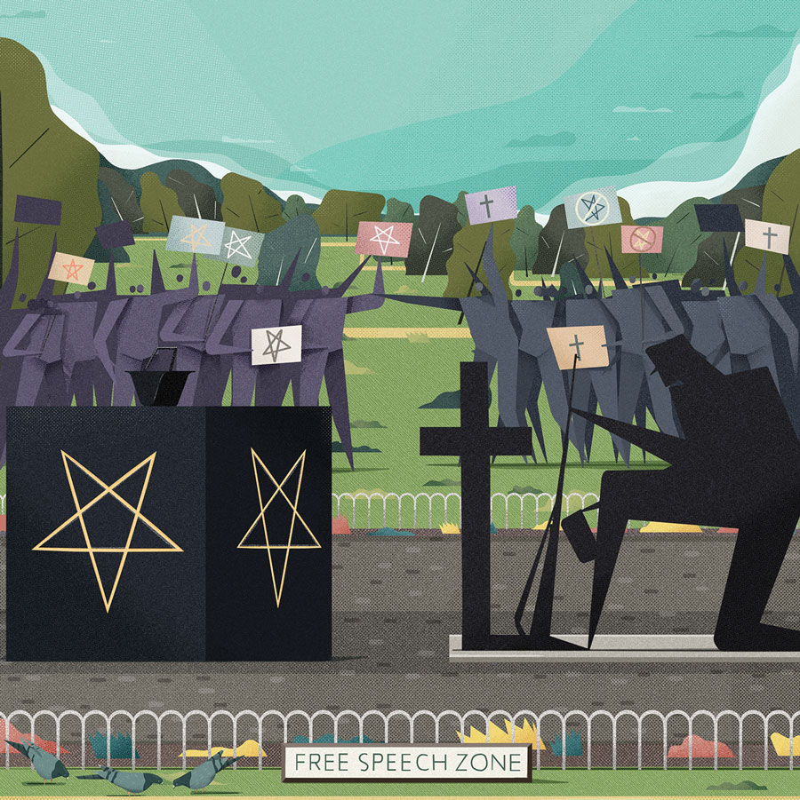 An illustration of people holding religious signs and protesting a satanic monument in a park.