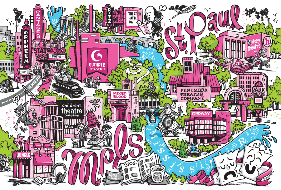 An illustration combining Minneapolis and St. Paul's theater districts.