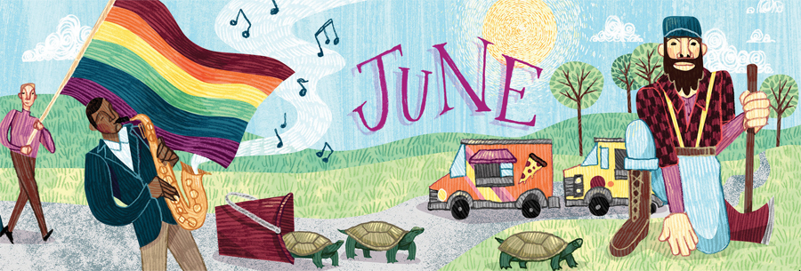 An illustration of a person holding a rainbow flag with turtles crossing a street and food trucks in the background.