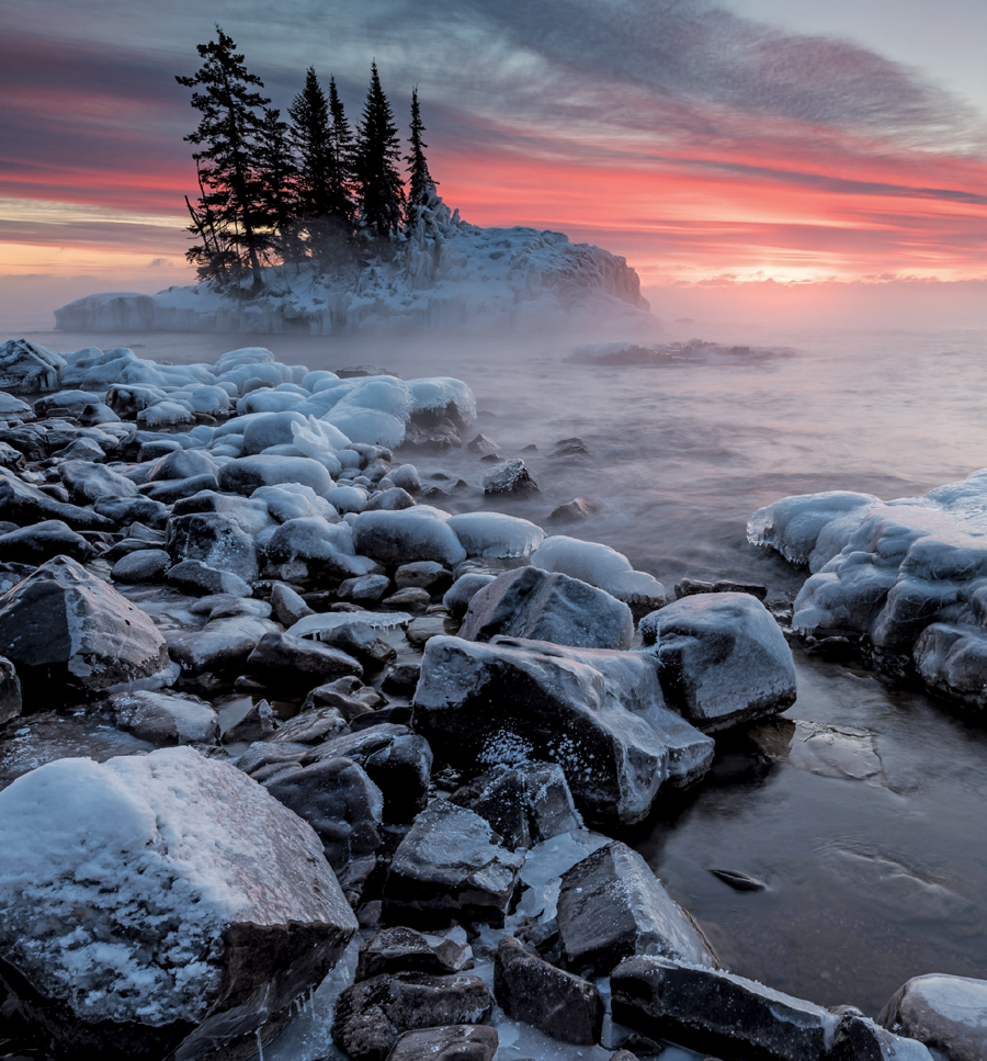 A small island on Lake Superior at sunrise.