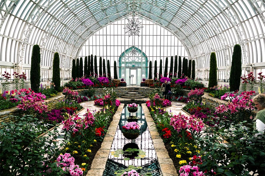 Sunken Garden at Marjorie McNeely Conservatory at Como Park in St. Paul, Minnesota.