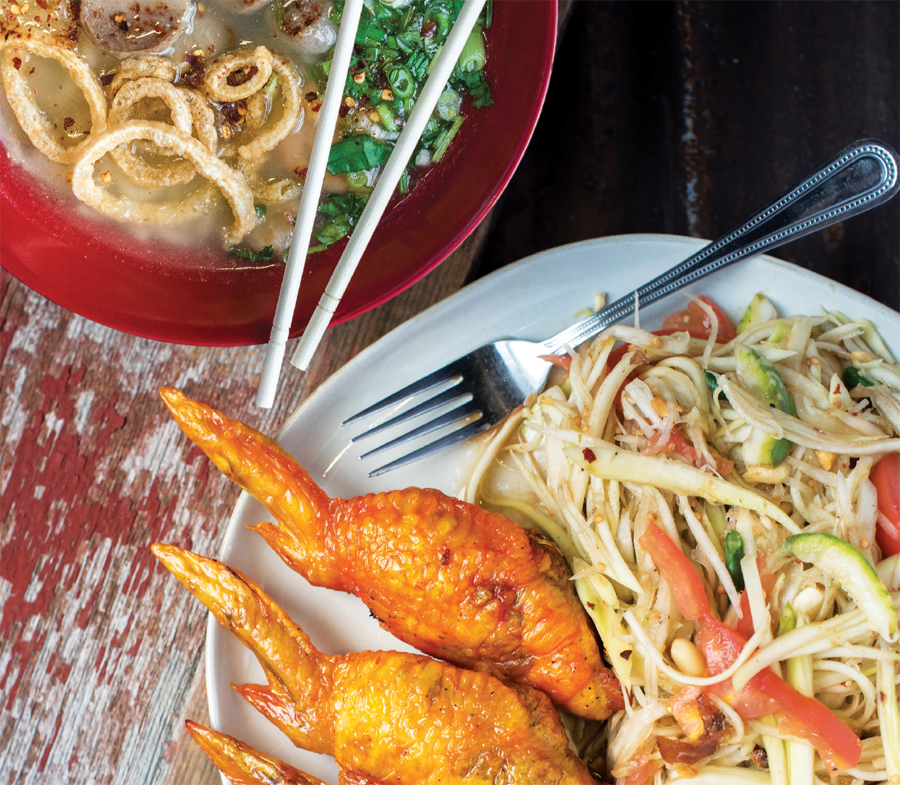 Meatball Soup and Stuffed Wings with Thai-Style Papaya Salad.