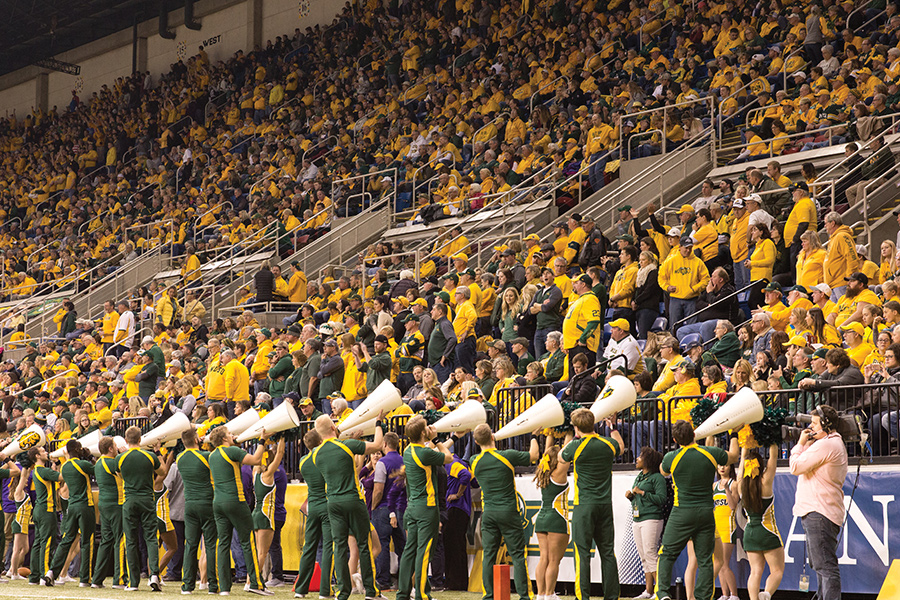 A stadium full of people at an NDSU Bison rally.