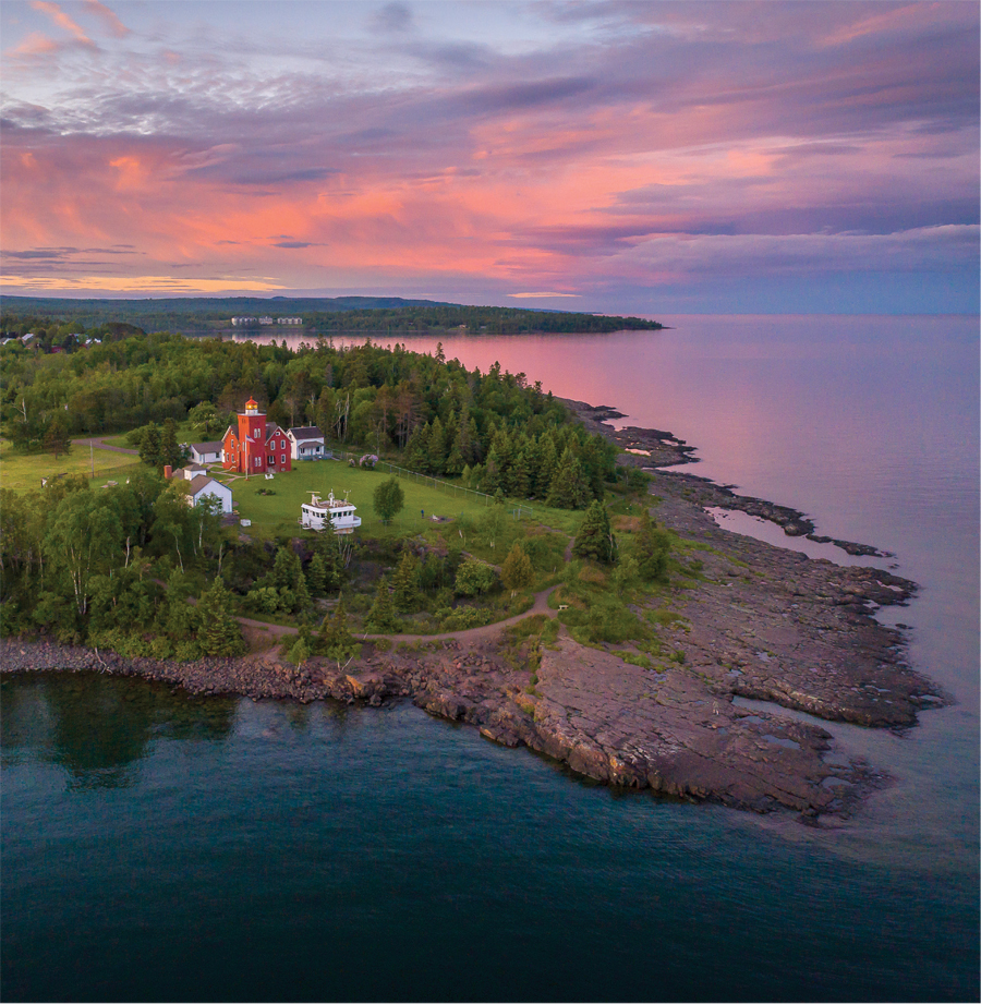 The red-brick Two Harbors Light building overlooks Lake Superior's Agate Bay.