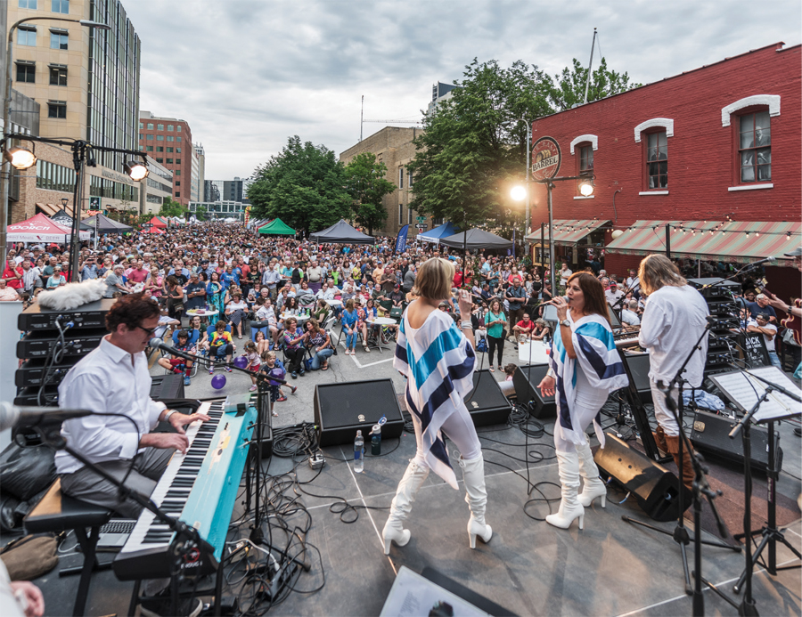 A concert being performed at Themed Thursdays in Rochester, Minnesota.
