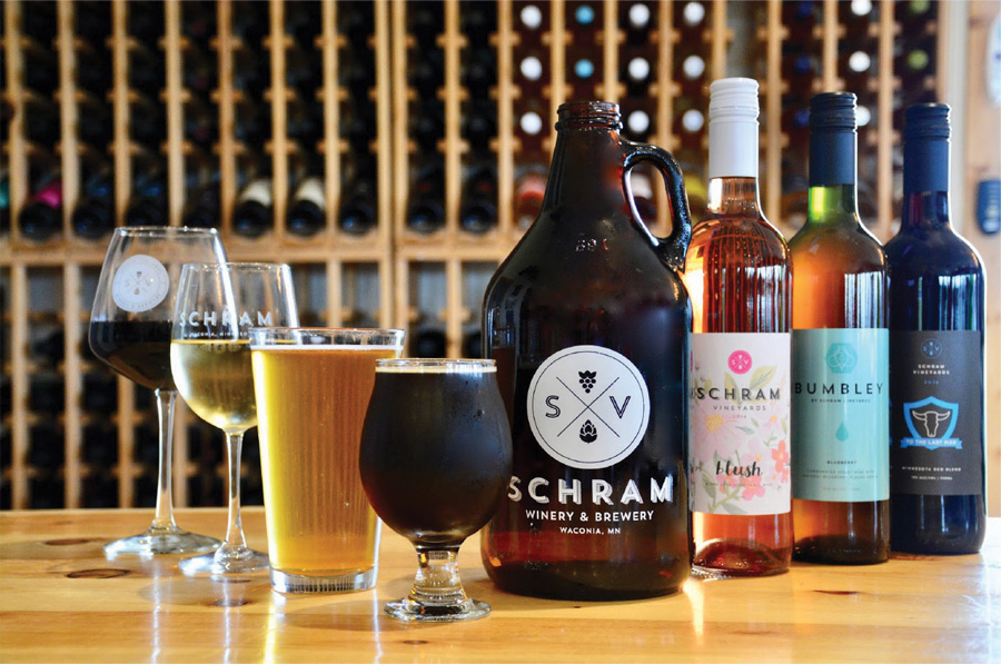 A table of wine offerings at Schram Vineyards Winery & Brewery.