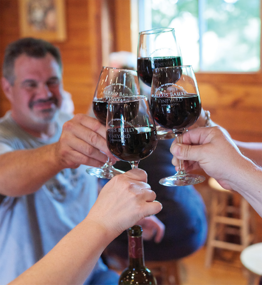 People clinking glasses of wine at Alexis Bailley Vineyard.