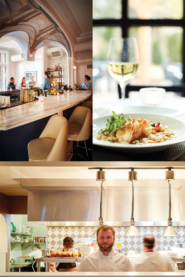 A collection of images. The top left is the bar at Bardo. The top right is the mixed grain risotto from Bardo, and the bottom picture is the kitchen at Bardo.