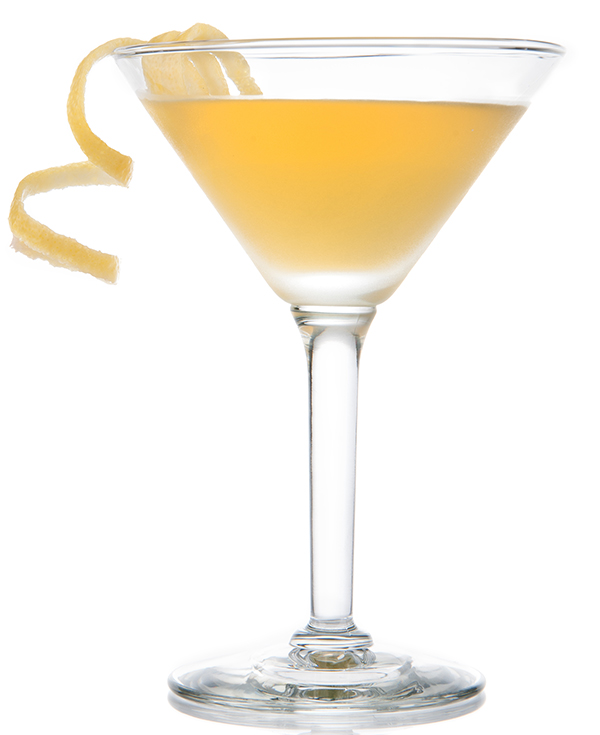 A corpse reviver with a lemon zest twist in a martini glass.