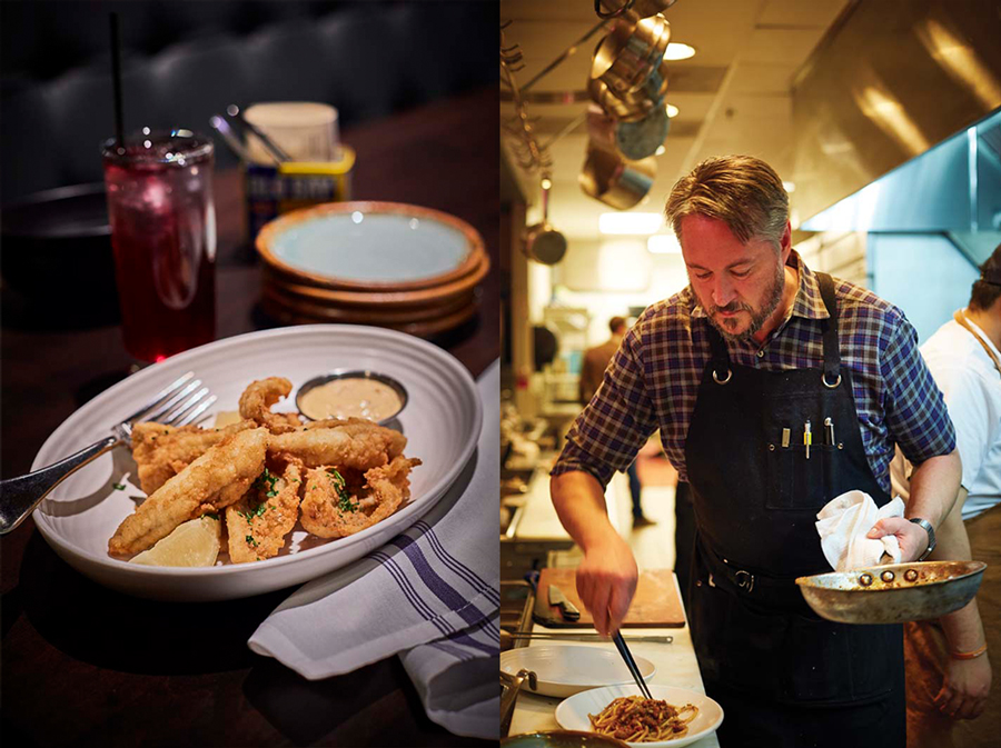 A mashup of two photos. The left one shows a plate of Shore Lunch Sunnies at Octo Fishbar, and the photo on the right shows Chef Tim McKee at Octo Fishbar.