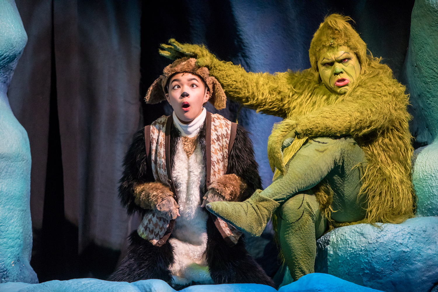 Natalie  Tran  (Young  Max)  and  Reed  Sigmund  (The  Grinch)  in  Dr.  Seuss’s  How  The  Grinch  Stole  Christmas  |  Photo  by  Dan  Norman