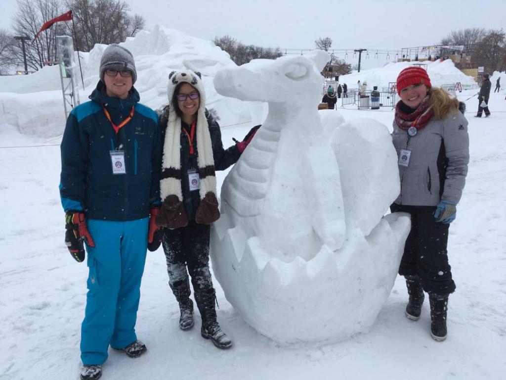 Robert McLernon, Lianna Matt, and Cassie Bauman at the 2018 Amateur Snow Sculpting Competition at the Vulcan Snow Park. Photo by Jeff Matt.