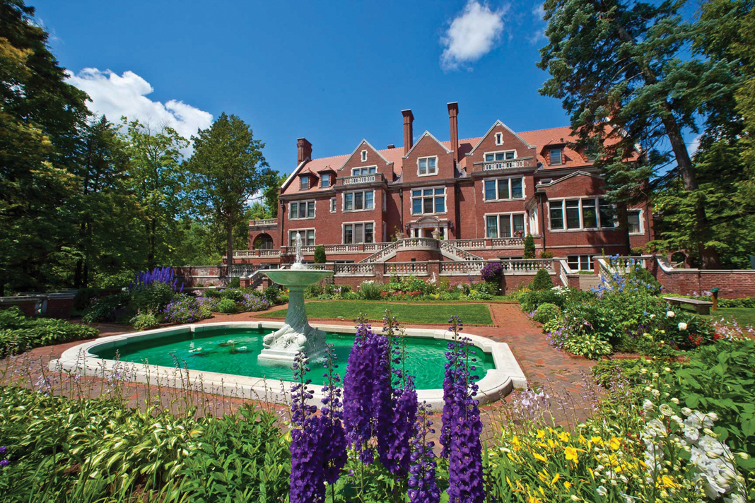 Large courtyard with water feature and gardens at the Glensheen Mansion gardens