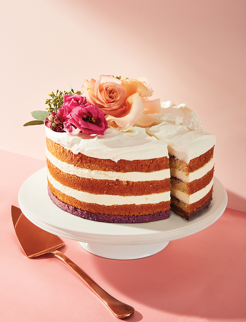 Black Walnut Bakery's Cassis Vanilla Bavarian Cake (layers of vanilla Bavarian cream and cassis preserves on chiffon sponge, cassis ganache, galette cookie base, topped with whipped cream)