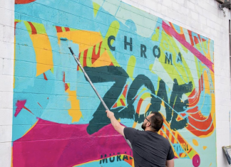 Chroma Zone logo mural painted in 2019 by Wes Winship of Burlesque of North America