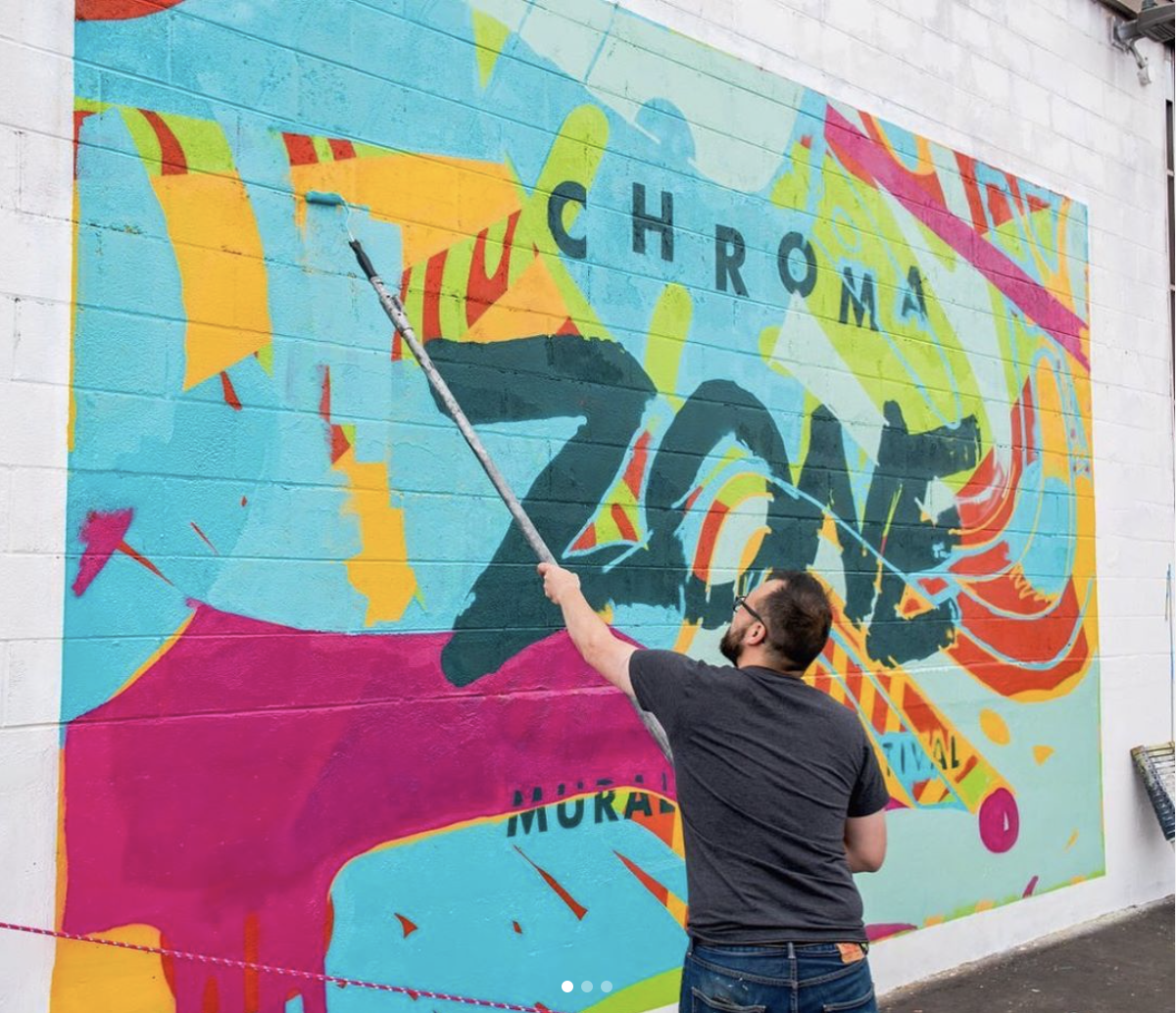 Chroma Zone logo mural painted in 2019 by Wes Winship of Burlesque of North America