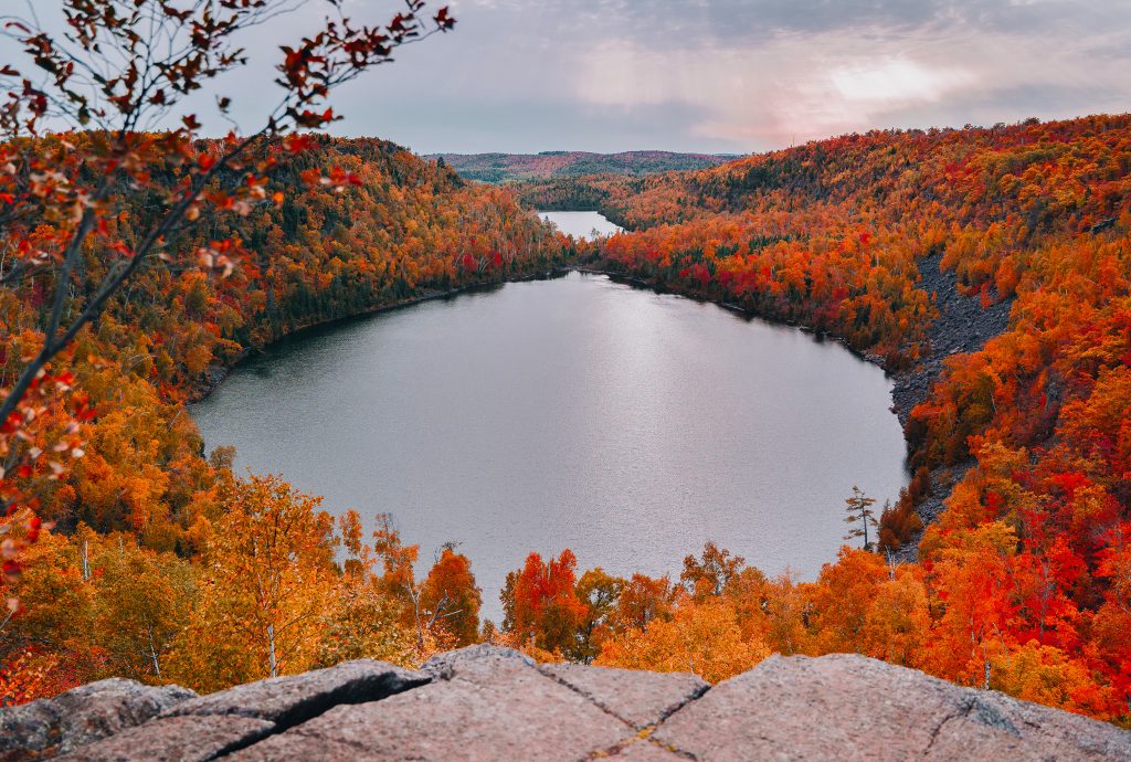 Superior hiking trail in Minnesota fall overlooking Bean and Bear Lakes