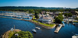 aerial view of lighthouse and marina on the Mississippi River, in Lake City