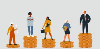 Rich and poor people with different salary, income or career growth unfair opportunity. Concept of financial inequality or gap in earning. Flat vector cartoon illustration isolated