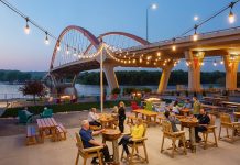 String lights over evening patio along the st. croix river