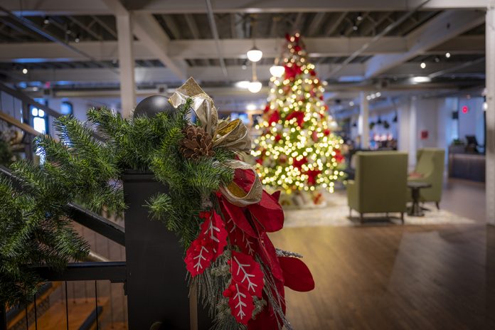 confluence hotel lobby with christmas tree